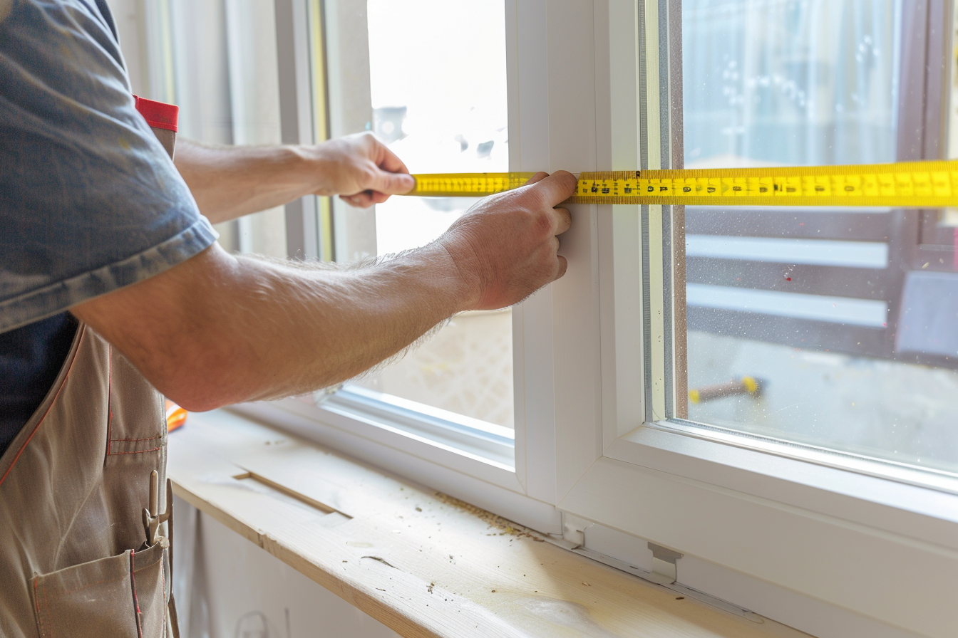 Un artisan qualifié utilisant un mètre ruban pour mesurer soigneusement les dimensions d'un cadre de fenêtre, debout devant un mur dans un atelier lumineux.
