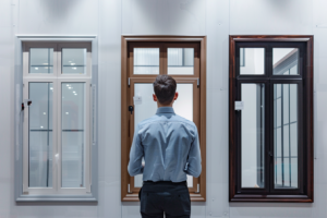 Trois types de fenêtres différents – bois, PVC et aluminium – sont affichés côte à côte sur une surface propre. Un homme, vu de dos, observe les fenêtres.