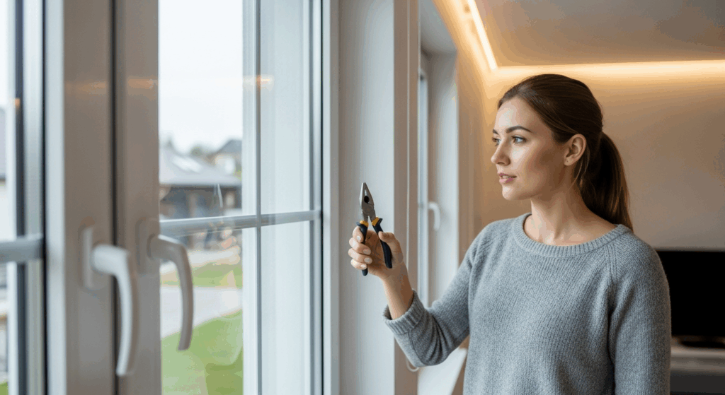 Une femme en train de poser un système d'aération de fenêtre sans percer