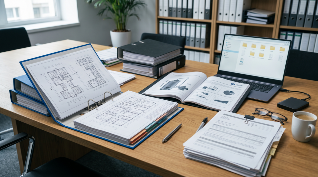 Dossiers techniques, plans de bâtiment et factures d'énergie rassemblés sur un bureau pour préparer un audit énergétique tertiaire.