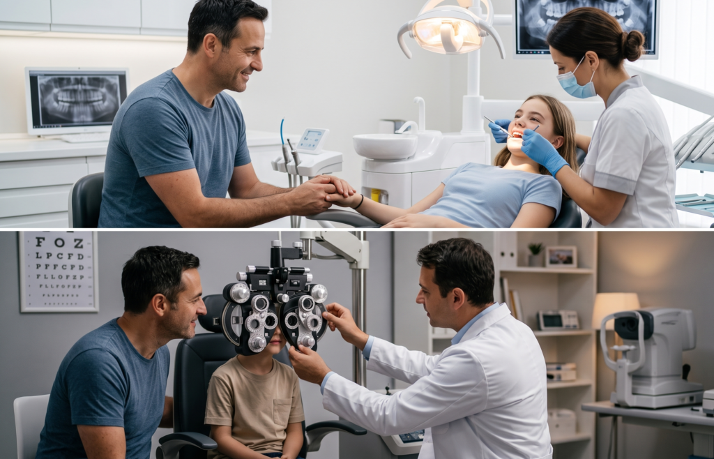 Scènes de soins (dentiste, ophtalmologue) pour enfants couverts par une complémentaire santé indépendante.